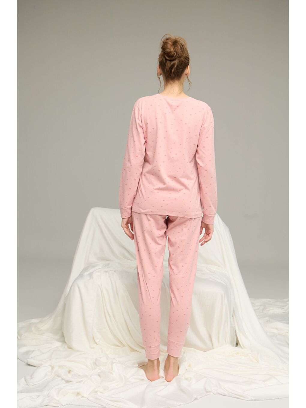 Pembe Pudra Kalp Desenli Pamuklu Bisiklet Yaka Örme Pijama Takım25241123-1
