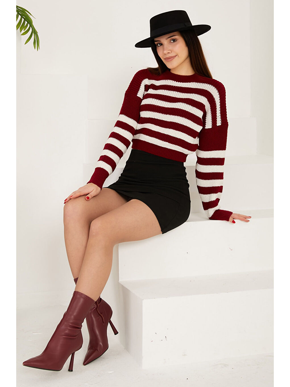 Çizgili Triko Crop Bordo - 27649