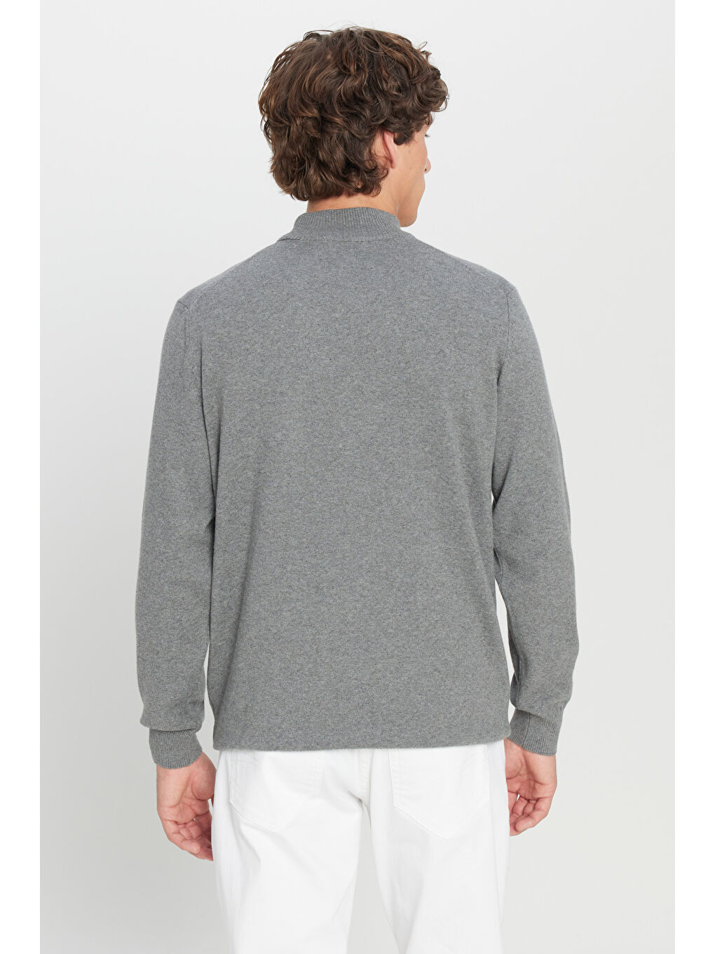 Erkek Gri Melanj Pamuklu Standart Fit Normal Kesim Yarım Balıkçı Yaka Triko Kazak-4