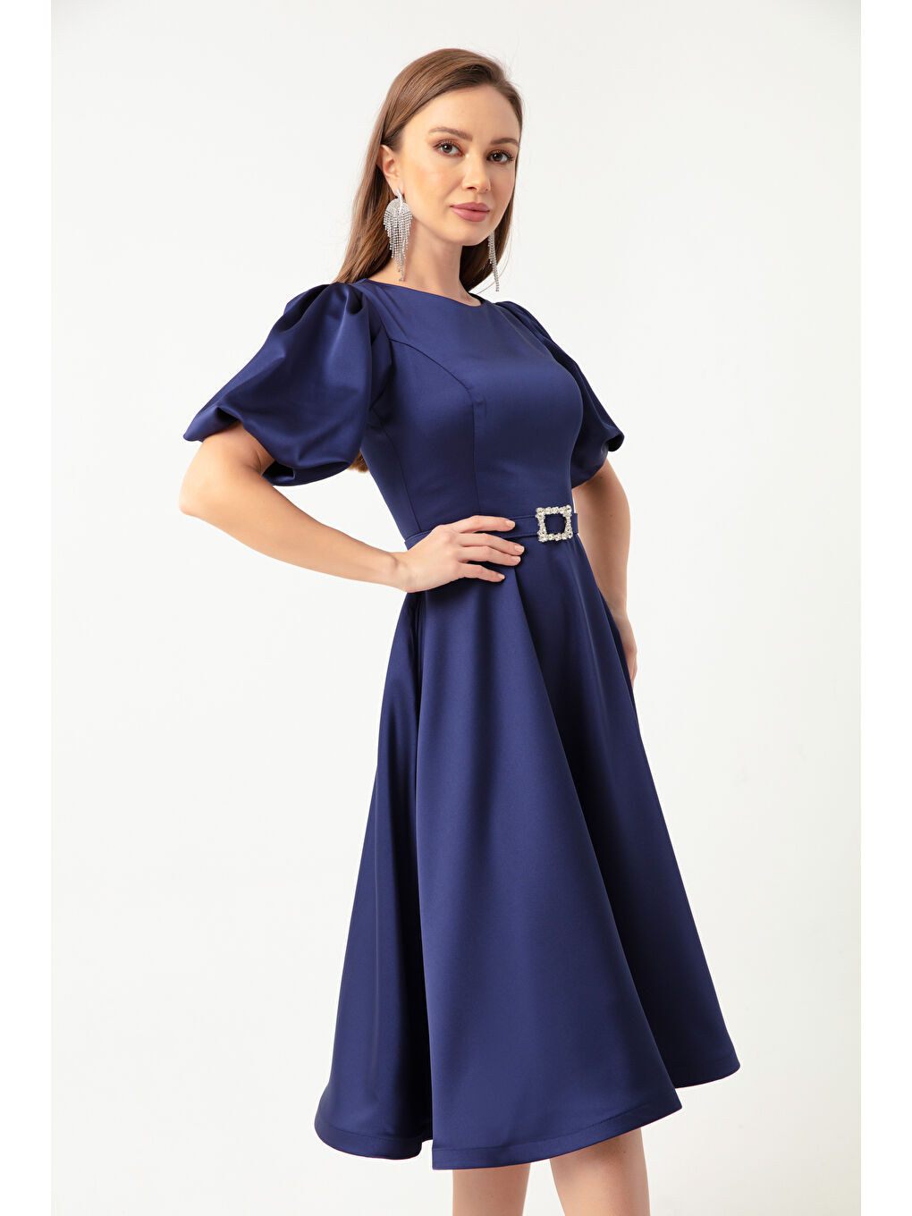Kadın Lacivert Balon Kollu Taşlı Kemerli Mini Saten Abiye Elbise-1