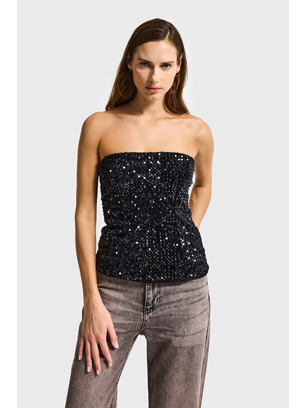 Kadın Siyah Renk Pul Payet Detaylı Straptez Fermuarlı Büstiyer-2
