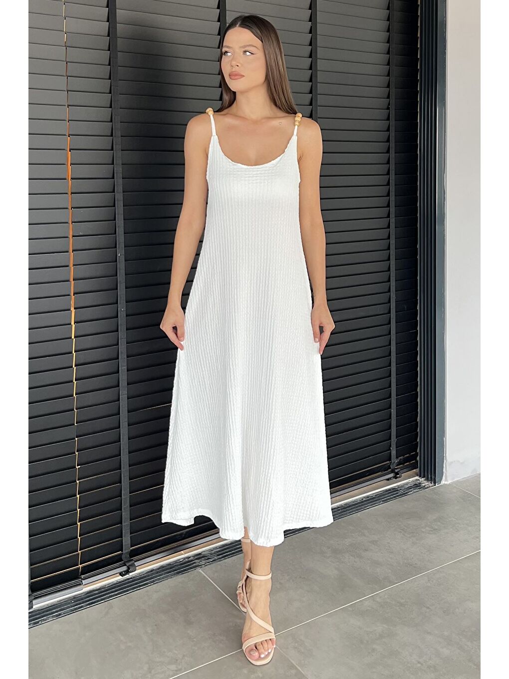 Ekru Kadın İp Askılı Elbise-1