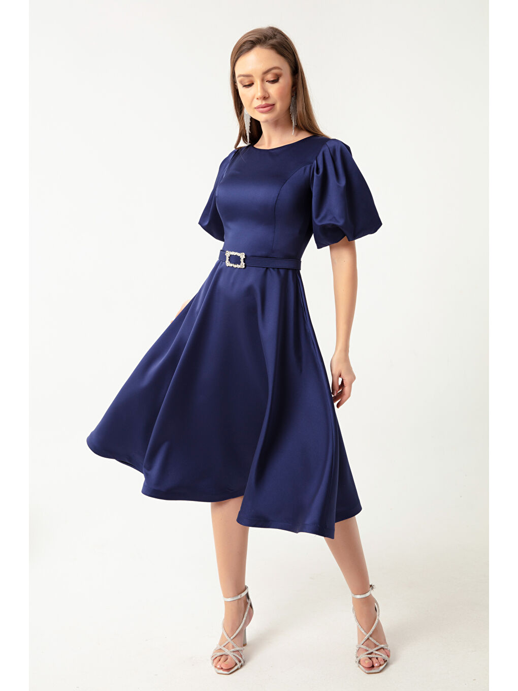 Kadın Lacivert Balon Kollu Taşlı Kemerli Mini Saten Abiye Elbise-3
