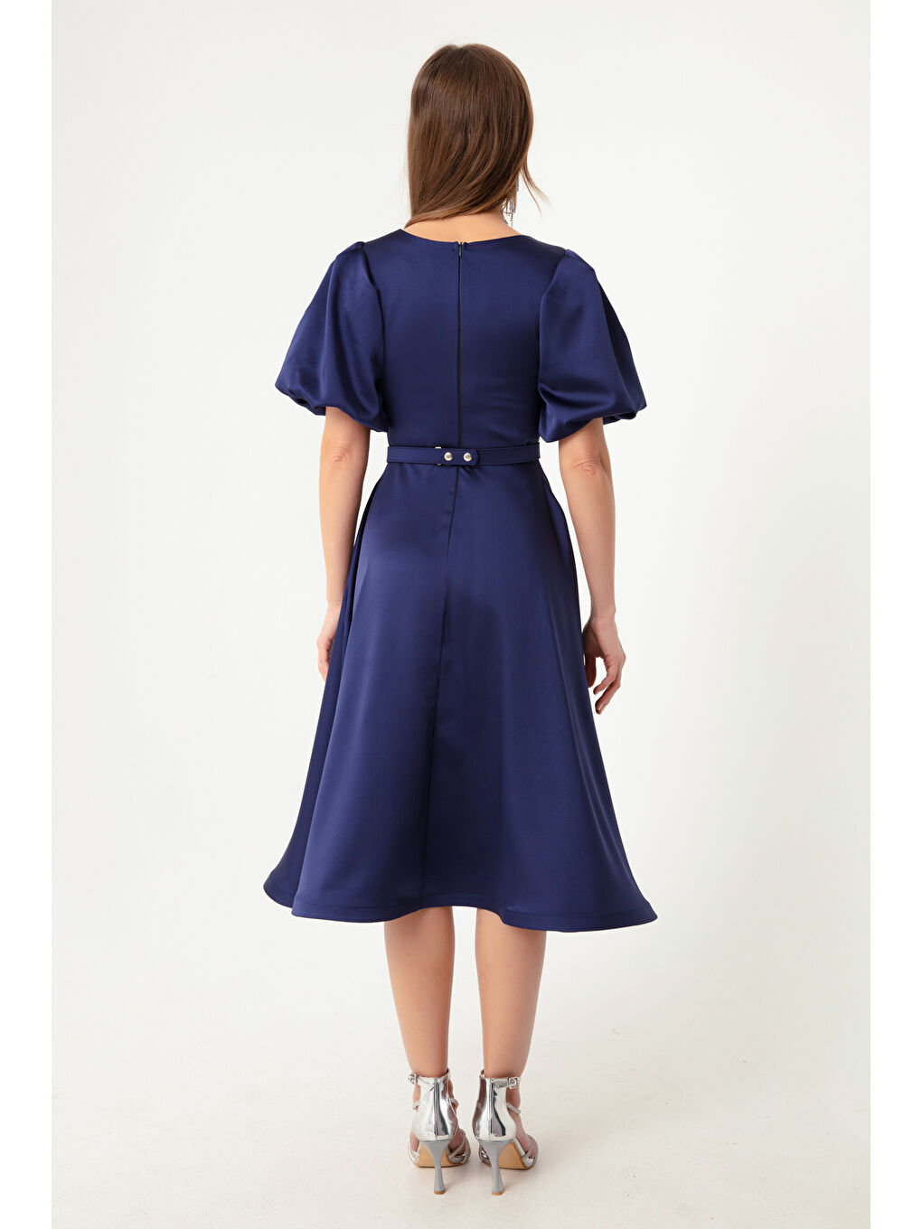 Kadın Lacivert Balon Kollu Taşlı Kemerli Mini Saten Abiye Elbise-4