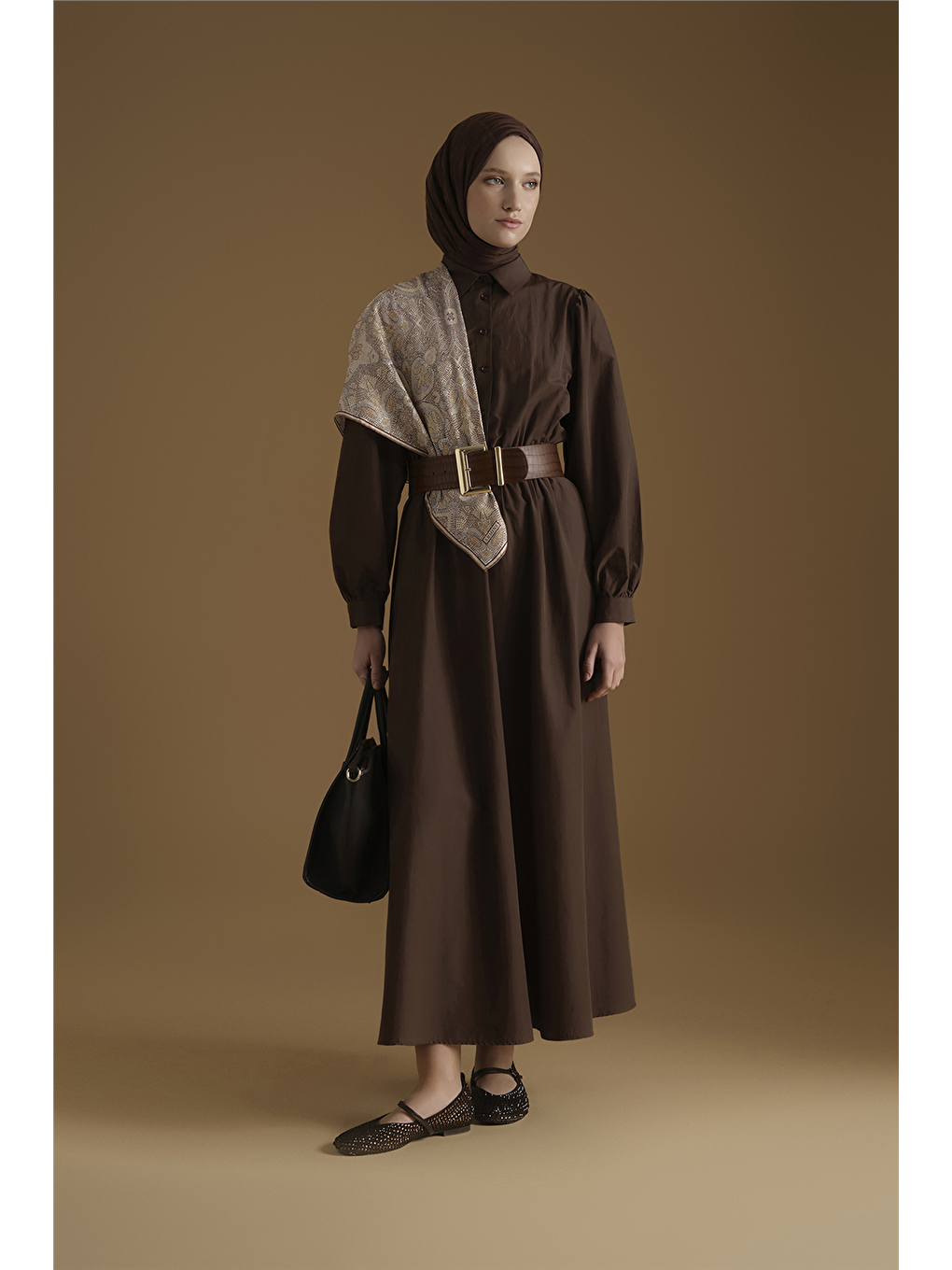 Beli Lastikli Poplin Elbise Kahverengi-1