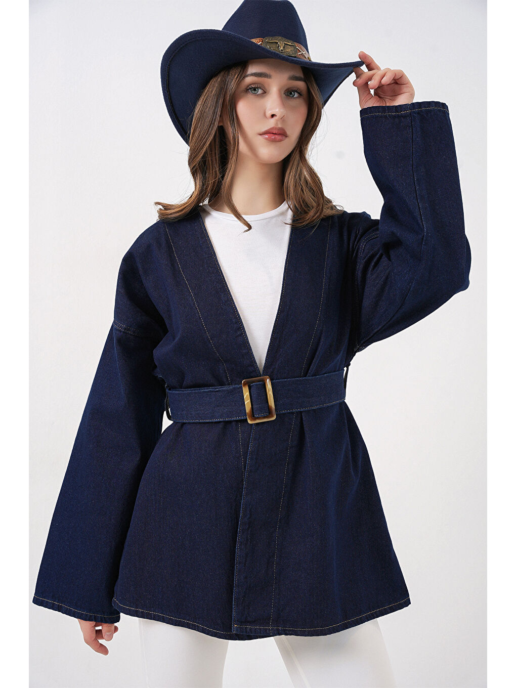 Kadın Kemerli Jean Ceket Tunik 5985 - Lacivert