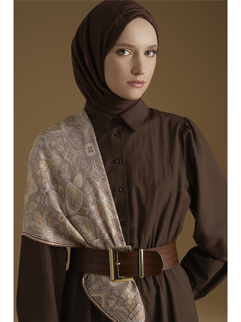 Beli Lastikli Poplin Elbise Kahverengi-2