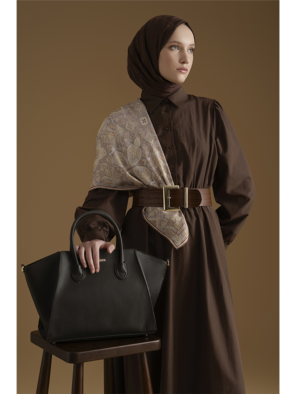 Beli Lastikli Poplin Elbise Kahverengi-3