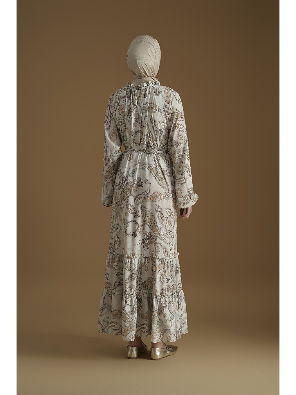 Şal Desenli Elbise Beyaz-5