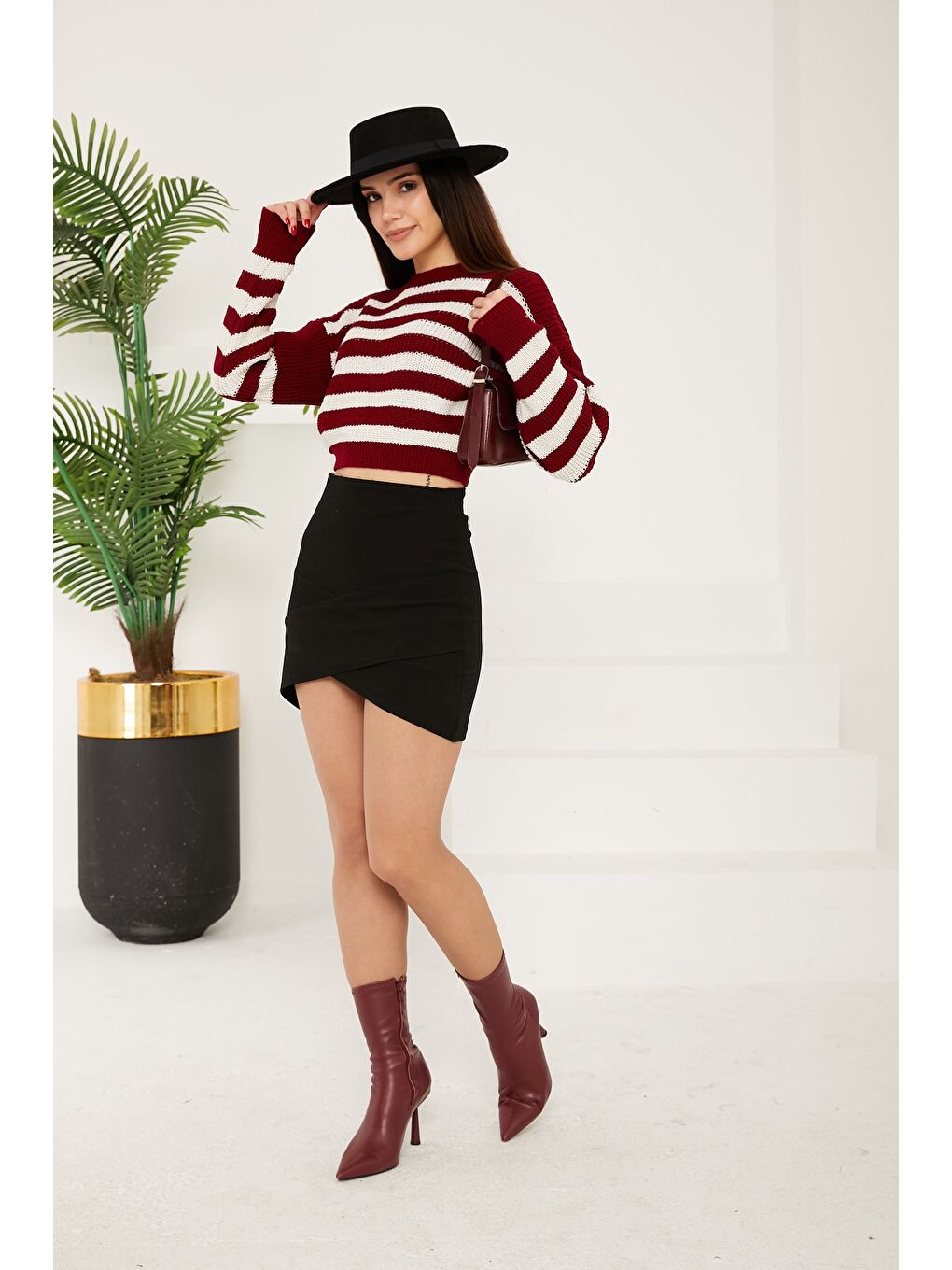 Çizgili Triko Crop Bordo - 27649-1