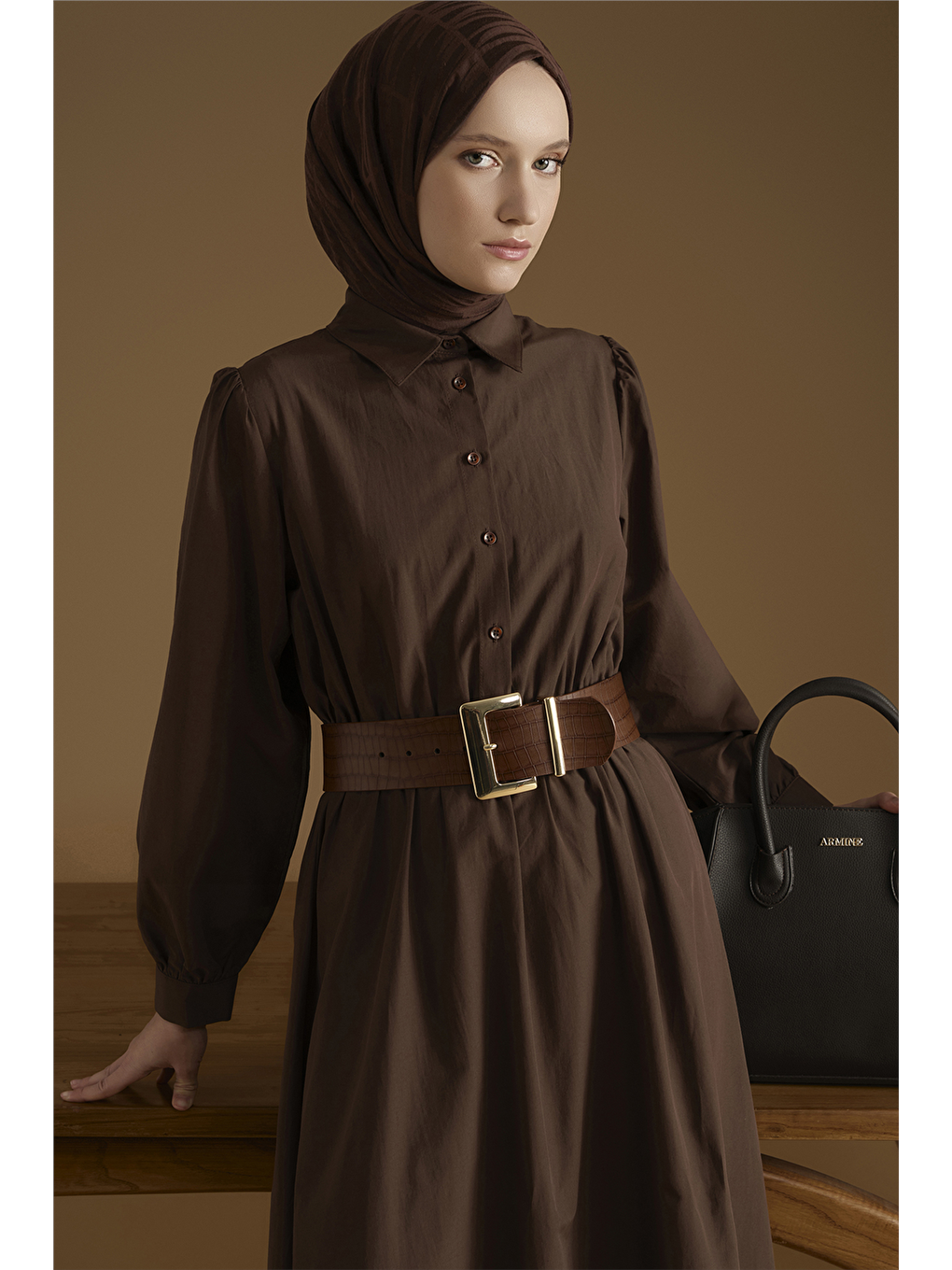 Beli Lastikli Poplin Elbise Kahverengi-4