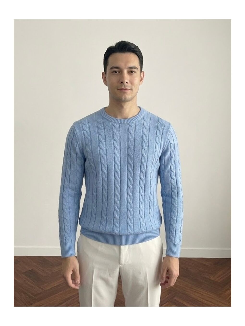 Mavi Erkek Bisiklet Yaka Slim Fit Saç Örgülü Triko Kazak