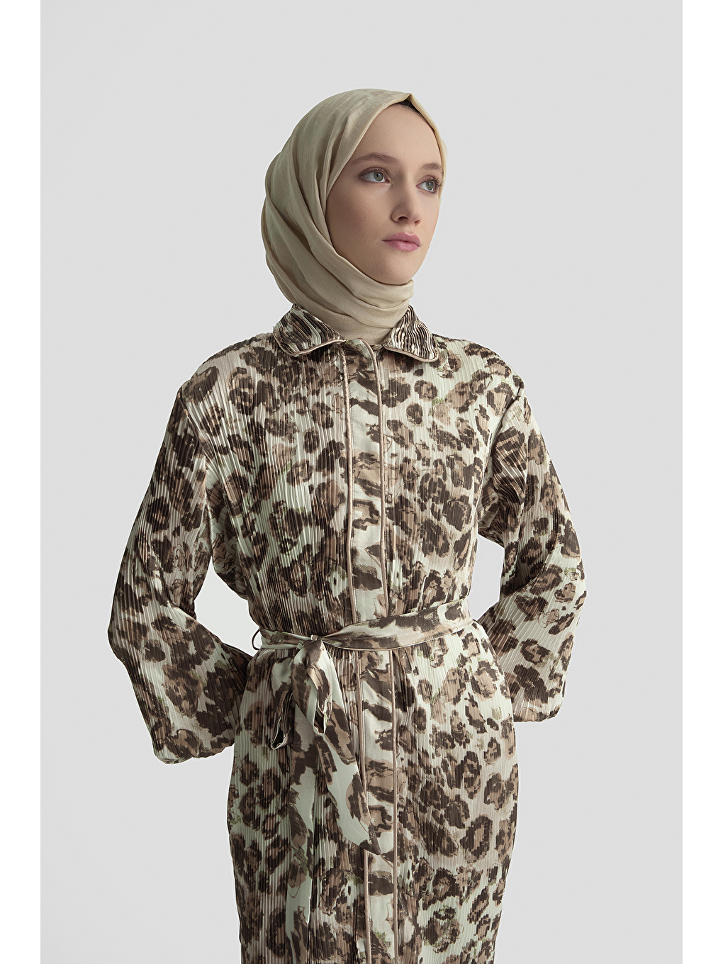 Kahverengi Leopar Desenli Elbise Camel-1