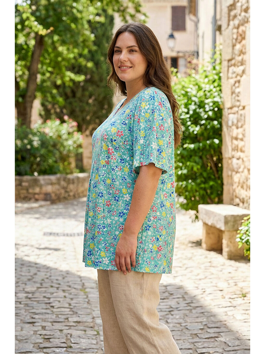 Turkuaz Büyük Beden V Yaka Kısa Kollu Çiçek Desenli Uzun T-shirt T168-3