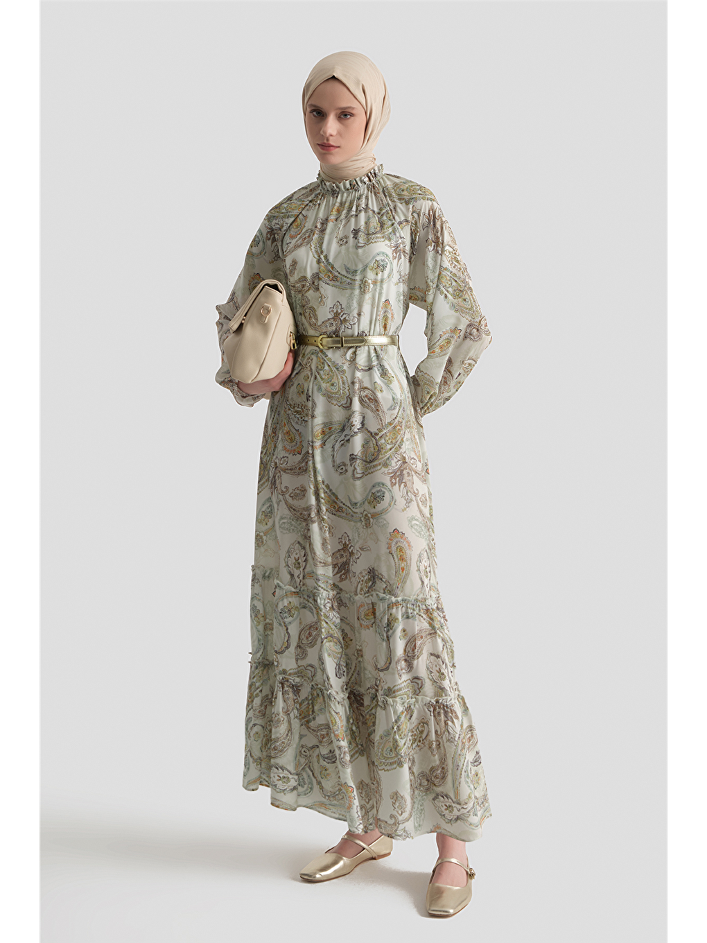 Şal Desenli Elbise Beyaz-6