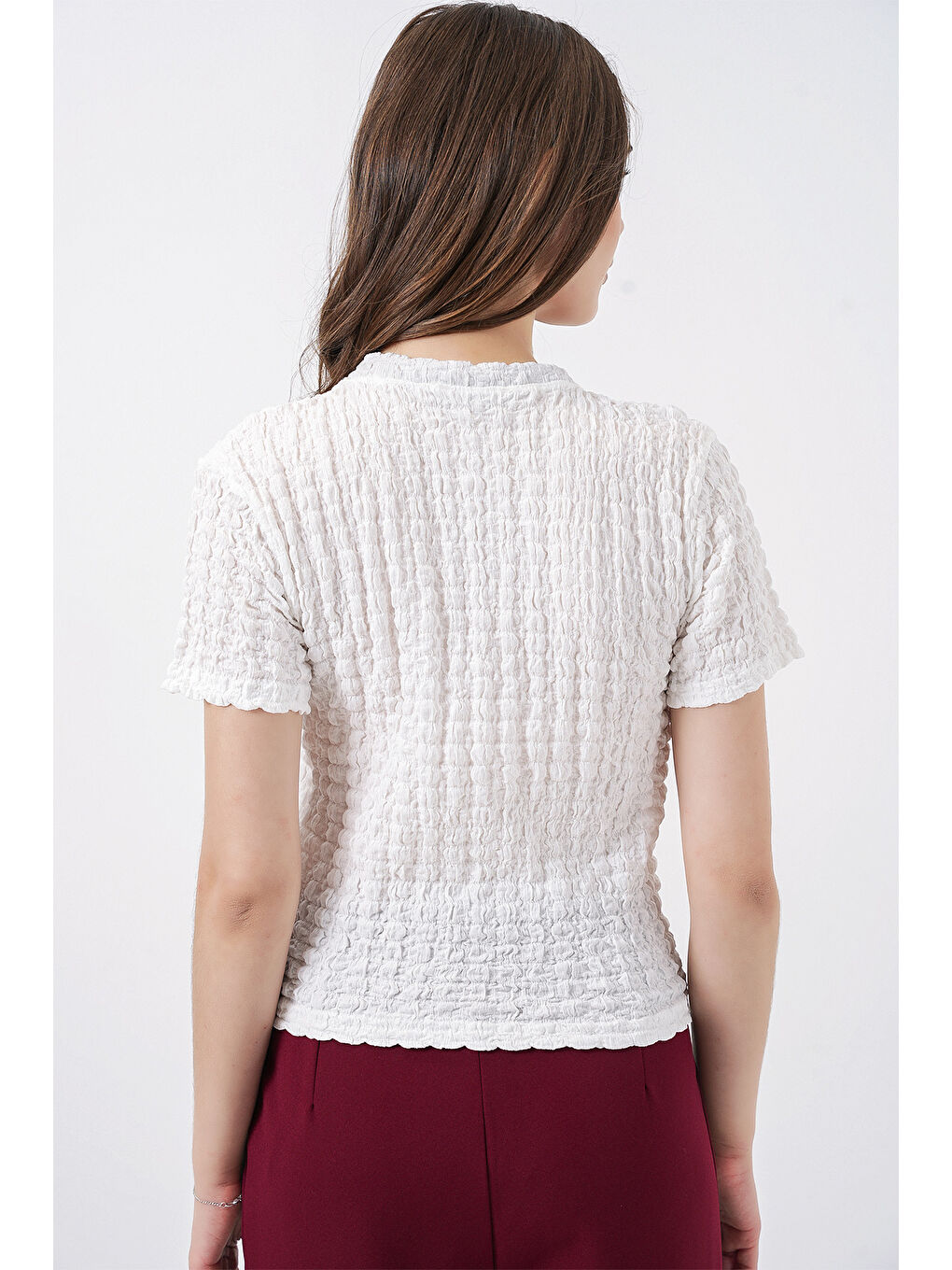 Kadın Kısa Kol Fularlı Örme Bluz 981 - Beyaz-5