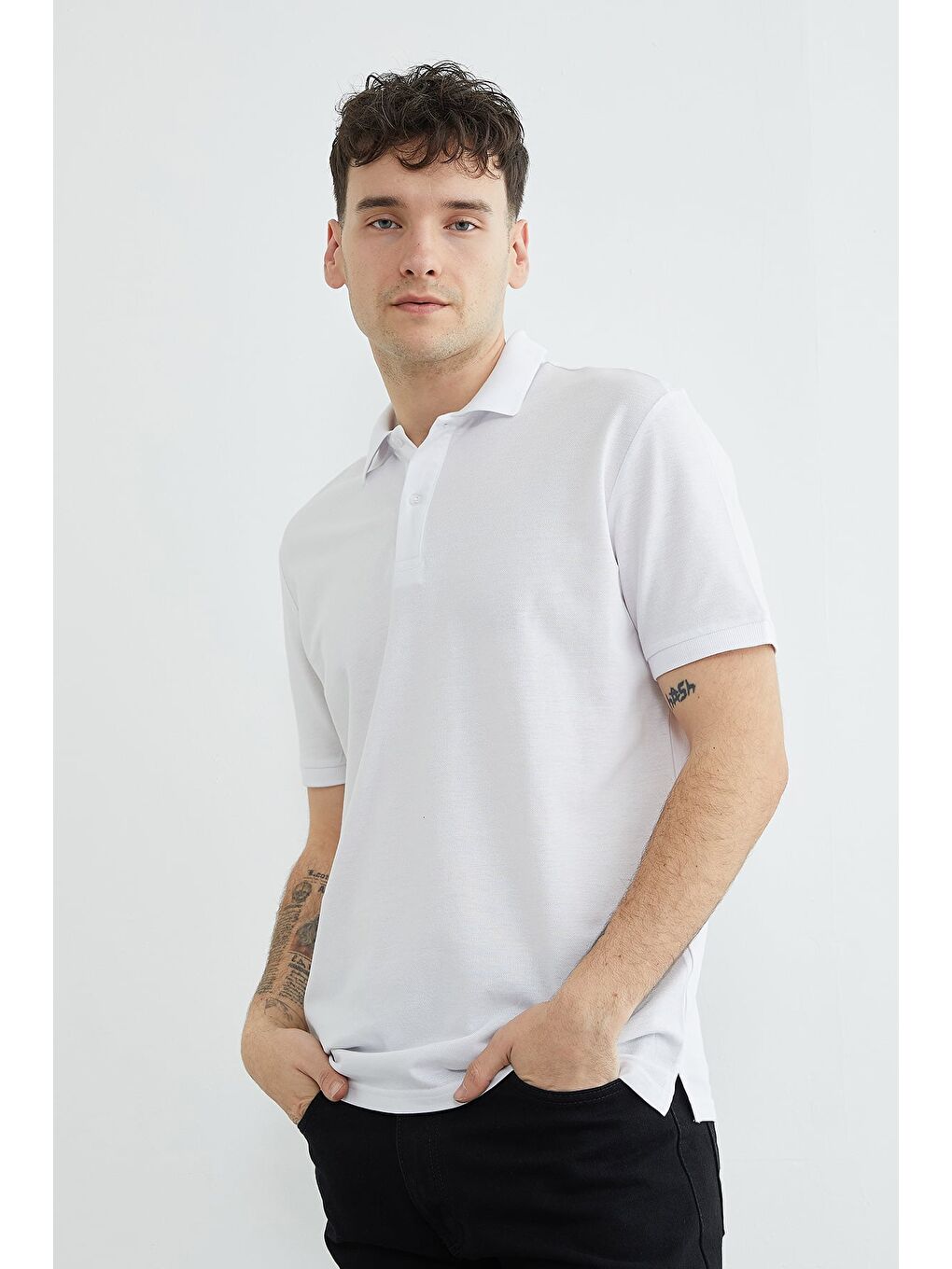 Beyaz Basic Polo Yaka Pike Tişört-2