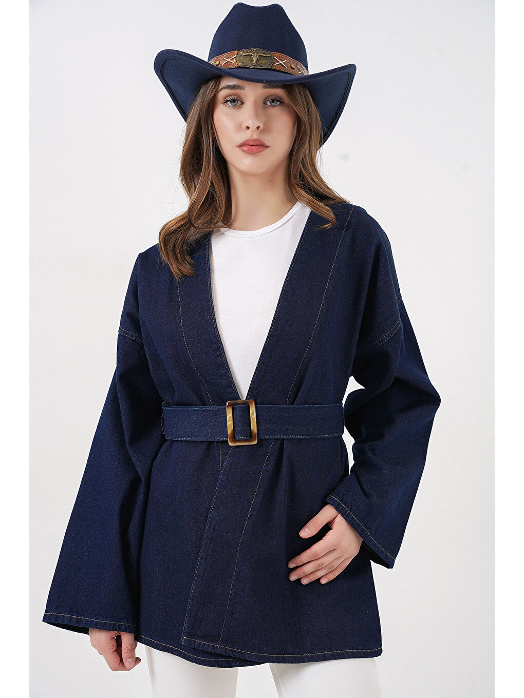 Kadın Kemerli Jean Ceket Tunik 5985 - Lacivert-1