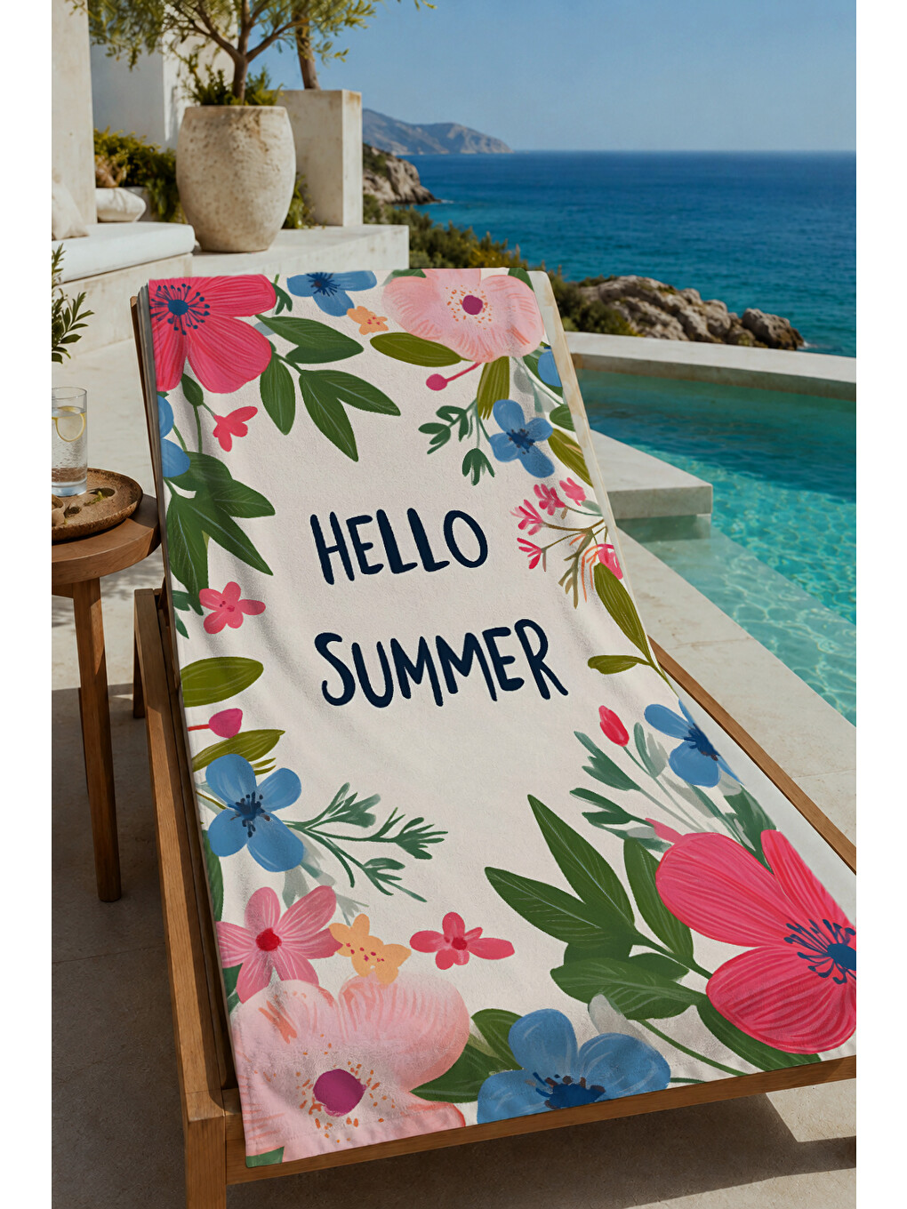 Pembe Botanik Hello Yazılı Çiçek Desenli 70x150 Cm Dijital Baskılı Plaj Ve Banyo Havlusu