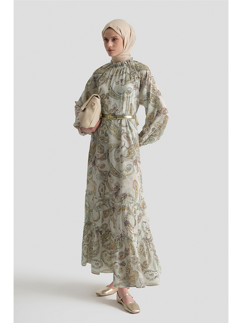 Şal Desenli Elbise Beyaz-7