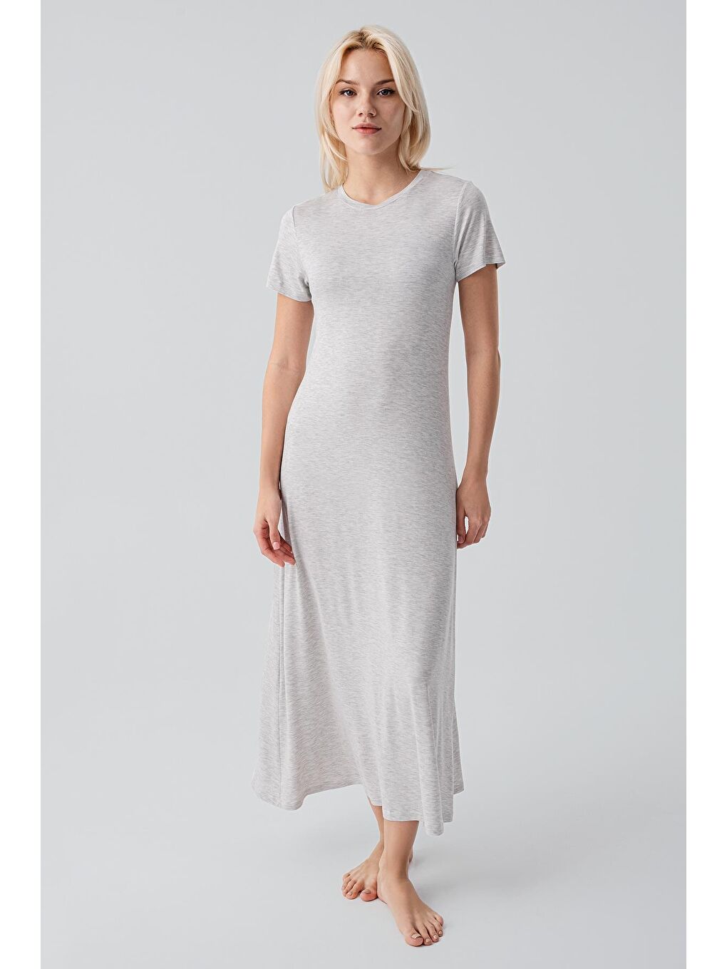 Gri Kısa Kollu Uzun Basic Rahat Günlük Elastanlı Esnek Viskoz Soft Elbise 19110