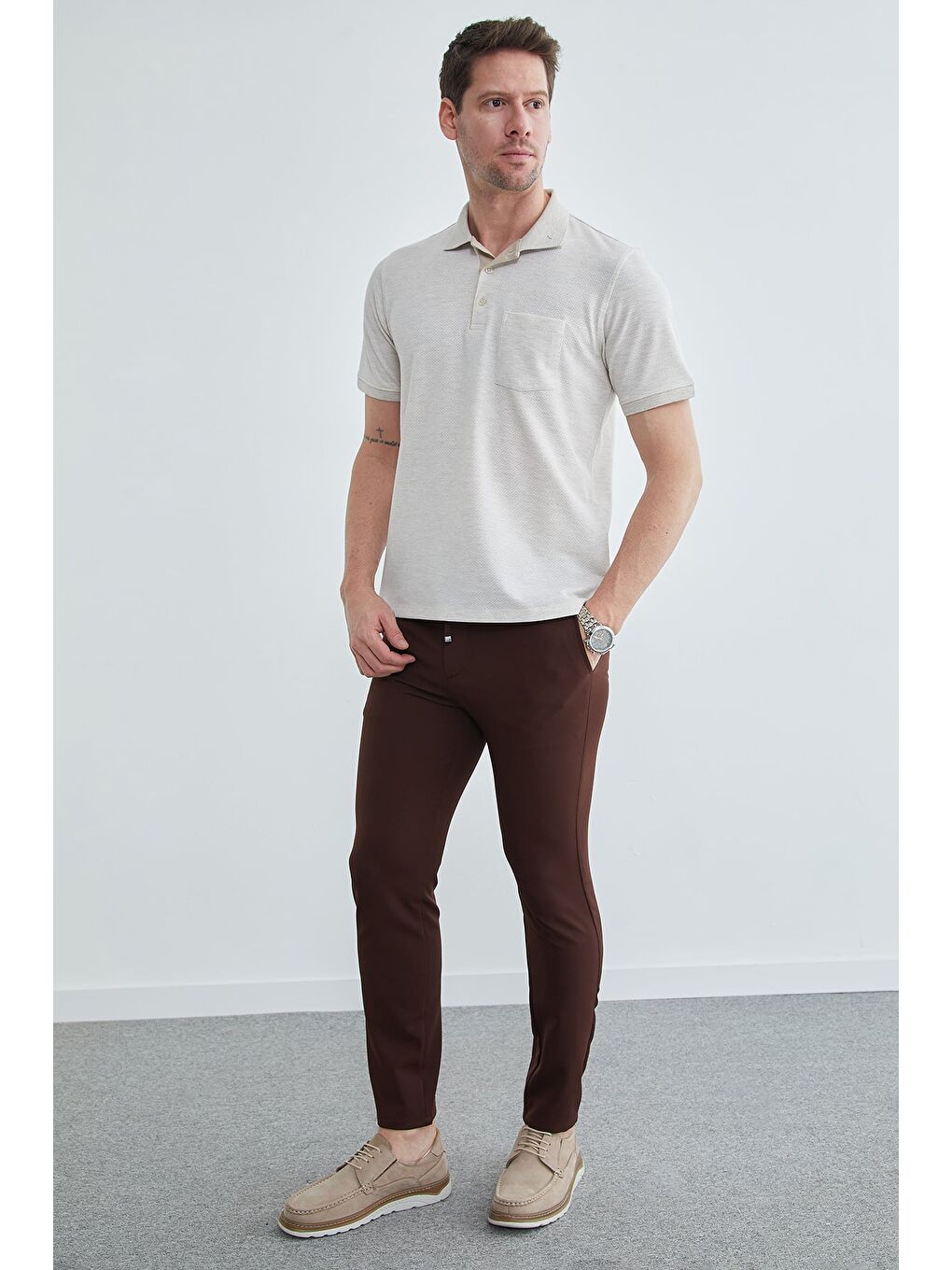 Bej Petek Kumaş Düğmeli Polo Yaka Tişört-1