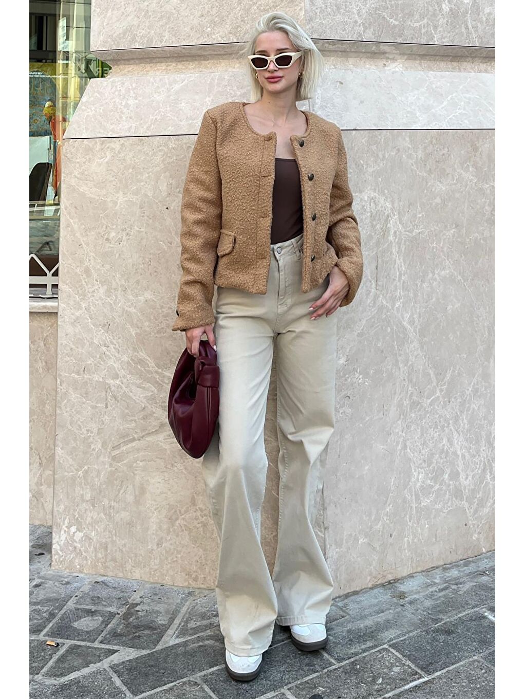 Bej Vizon Düğmeli Buklet Triko Cep Detaylı Ceket Mg2170-2