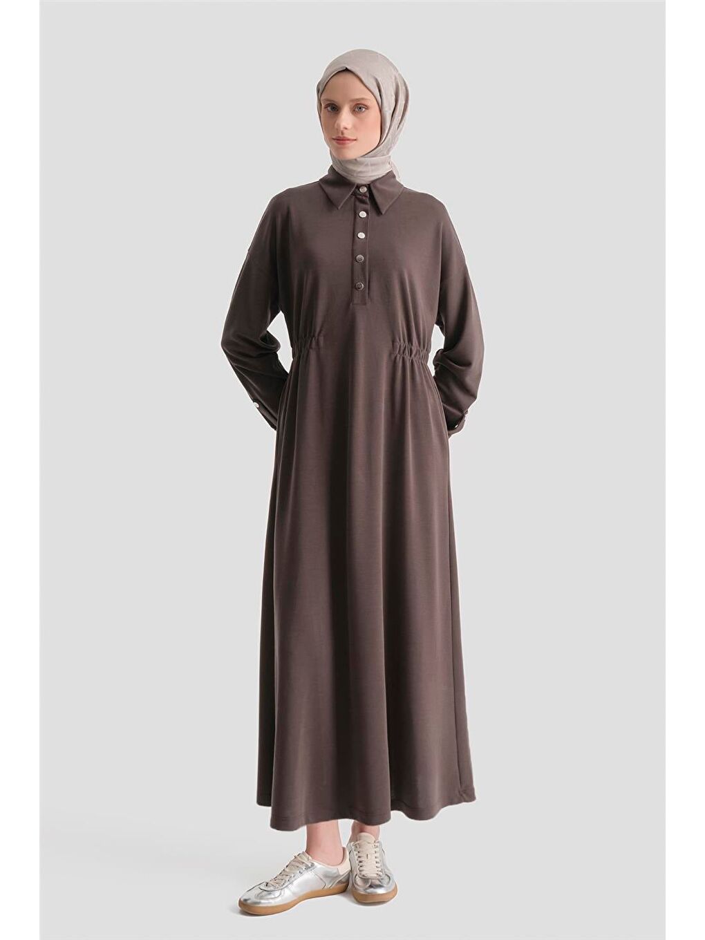 Kahverengi Beli Lastikli Modal Elbise Kakao