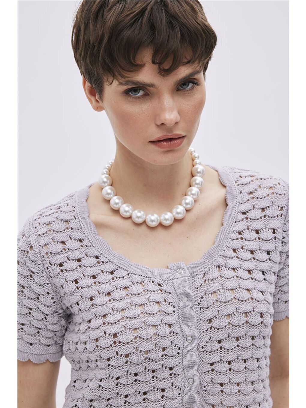 Gri Çıtçıtlı Triko Crop Top-2