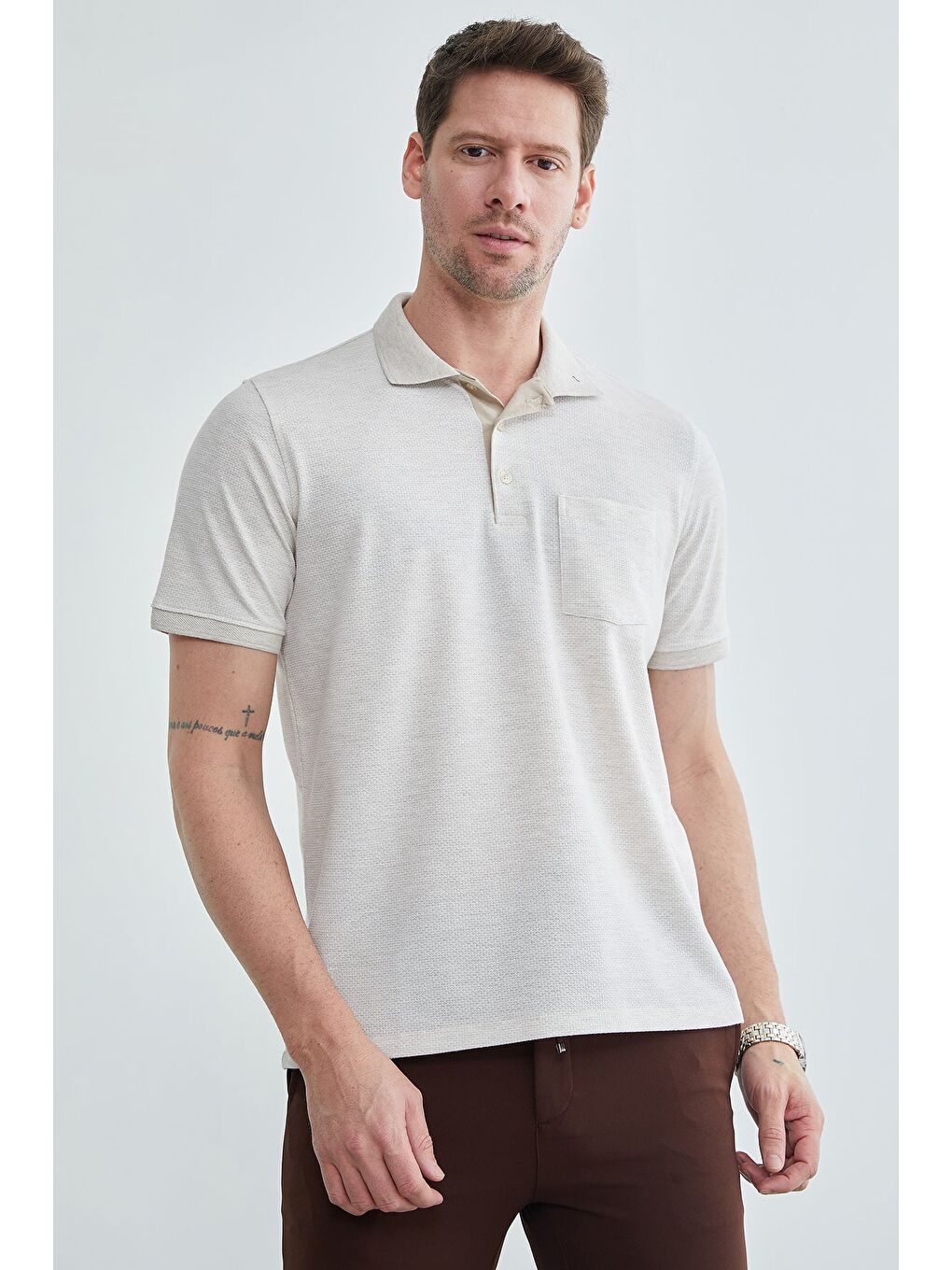 Bej Petek Kumaş Düğmeli Polo Yaka Tişört-2