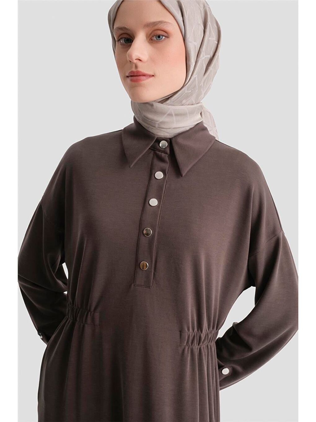 Kahverengi Beli Lastikli Modal Elbise Kakao-1