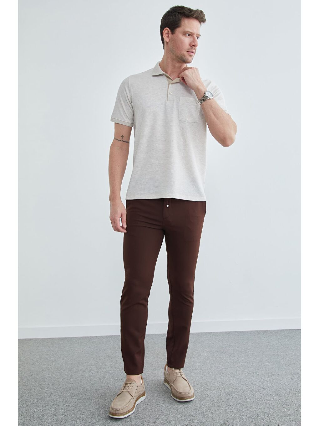 Bej Petek Kumaş Düğmeli Polo Yaka Tişört-3