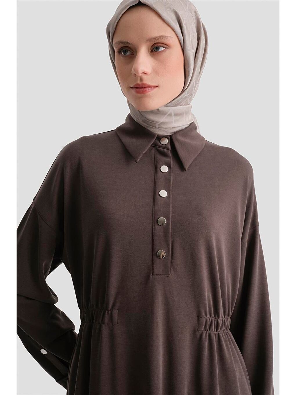 Kahverengi Beli Lastikli Modal Elbise Kakao-2