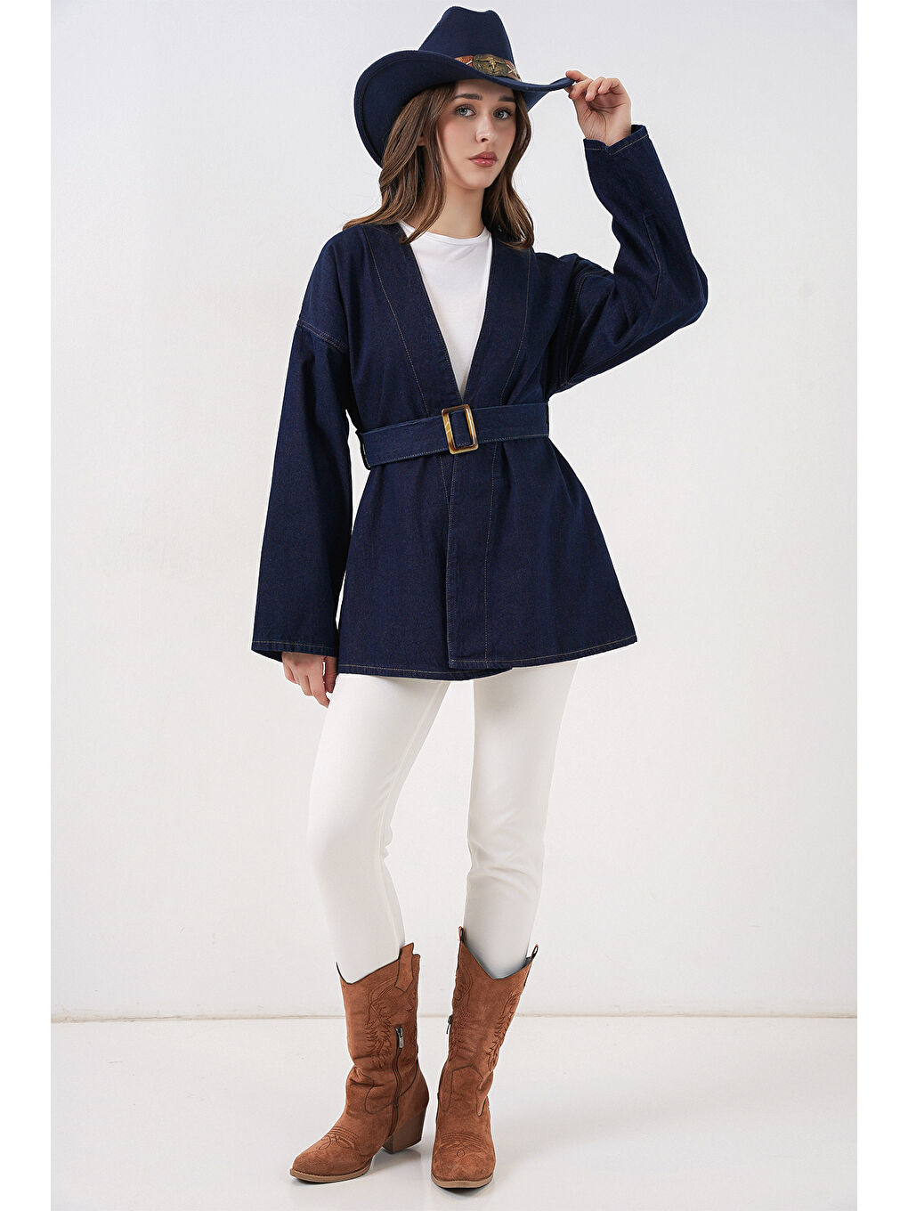 Kadın Kemerli Jean Ceket Tunik 5985 - Lacivert-2