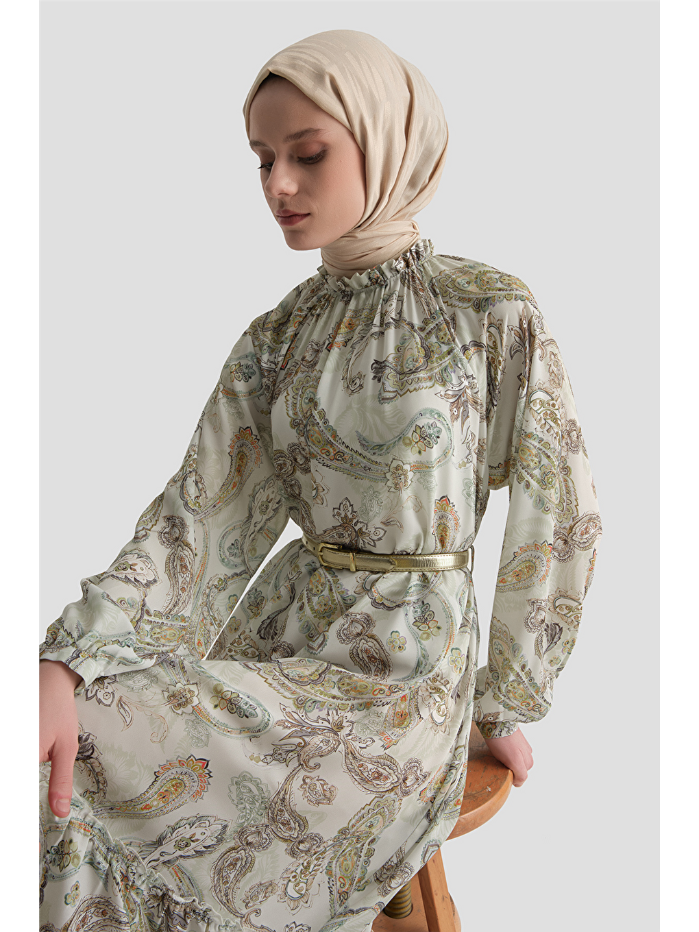 Şal Desenli Elbise Beyaz-8