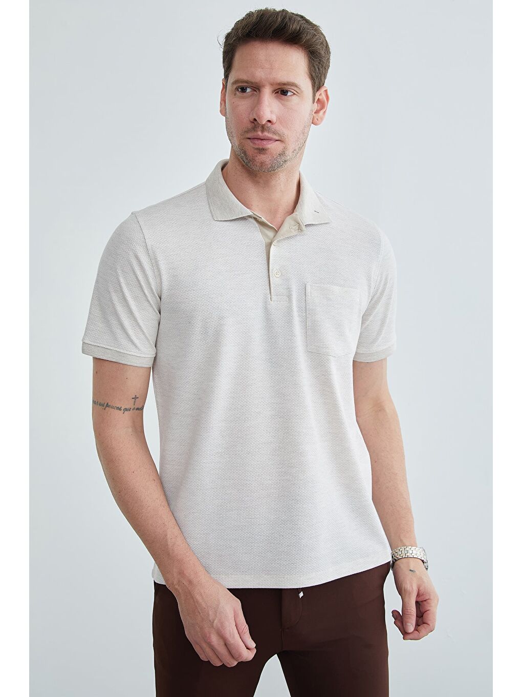 Bej Petek Kumaş Düğmeli Polo Yaka Tişört-4