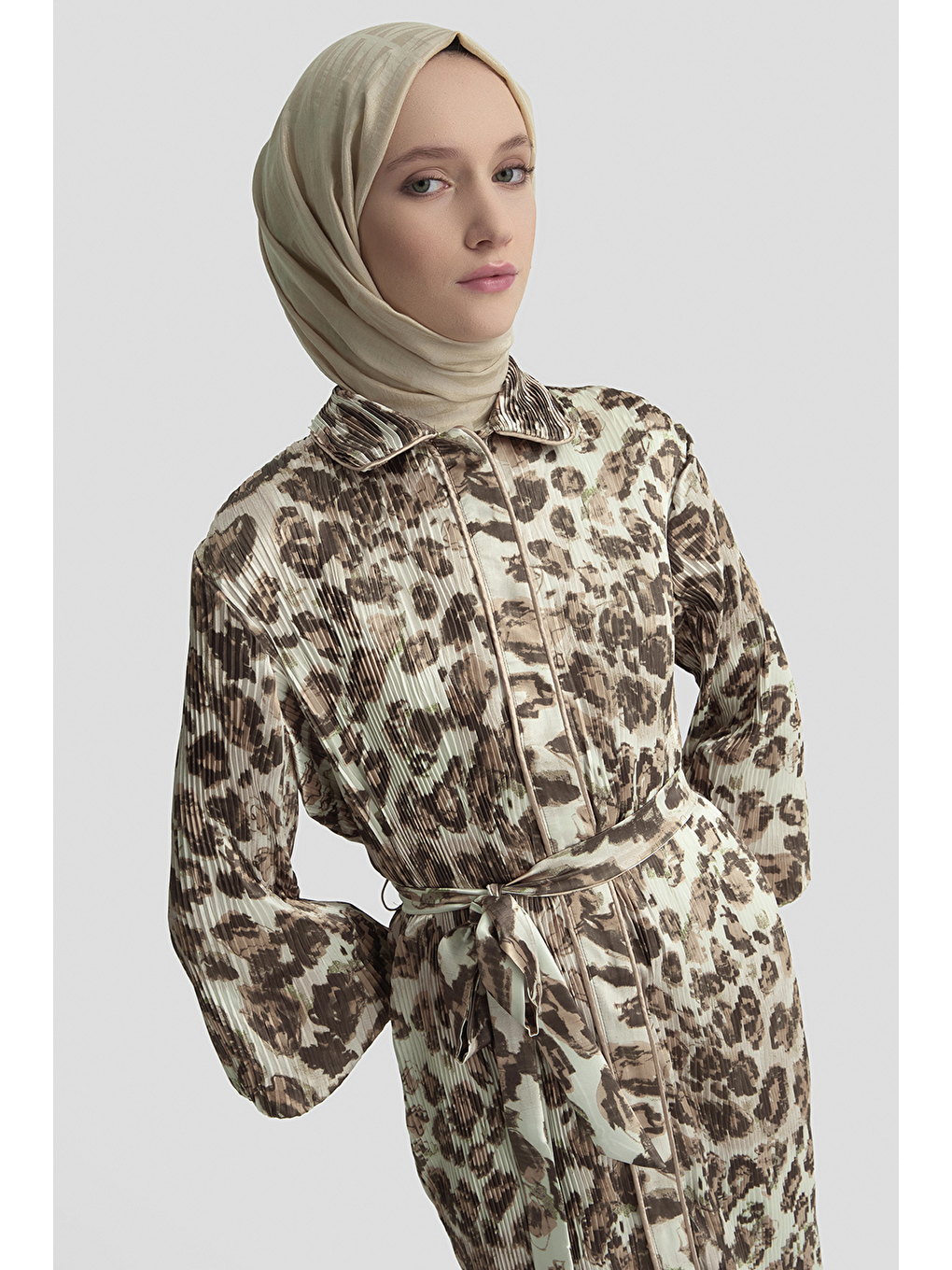 Kahverengi Leopar Desenli Elbise Camel-2