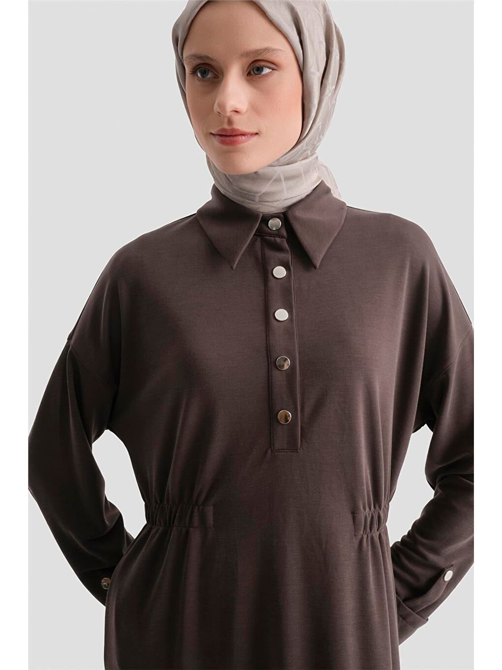 Kahverengi Beli Lastikli Modal Elbise Kakao-3