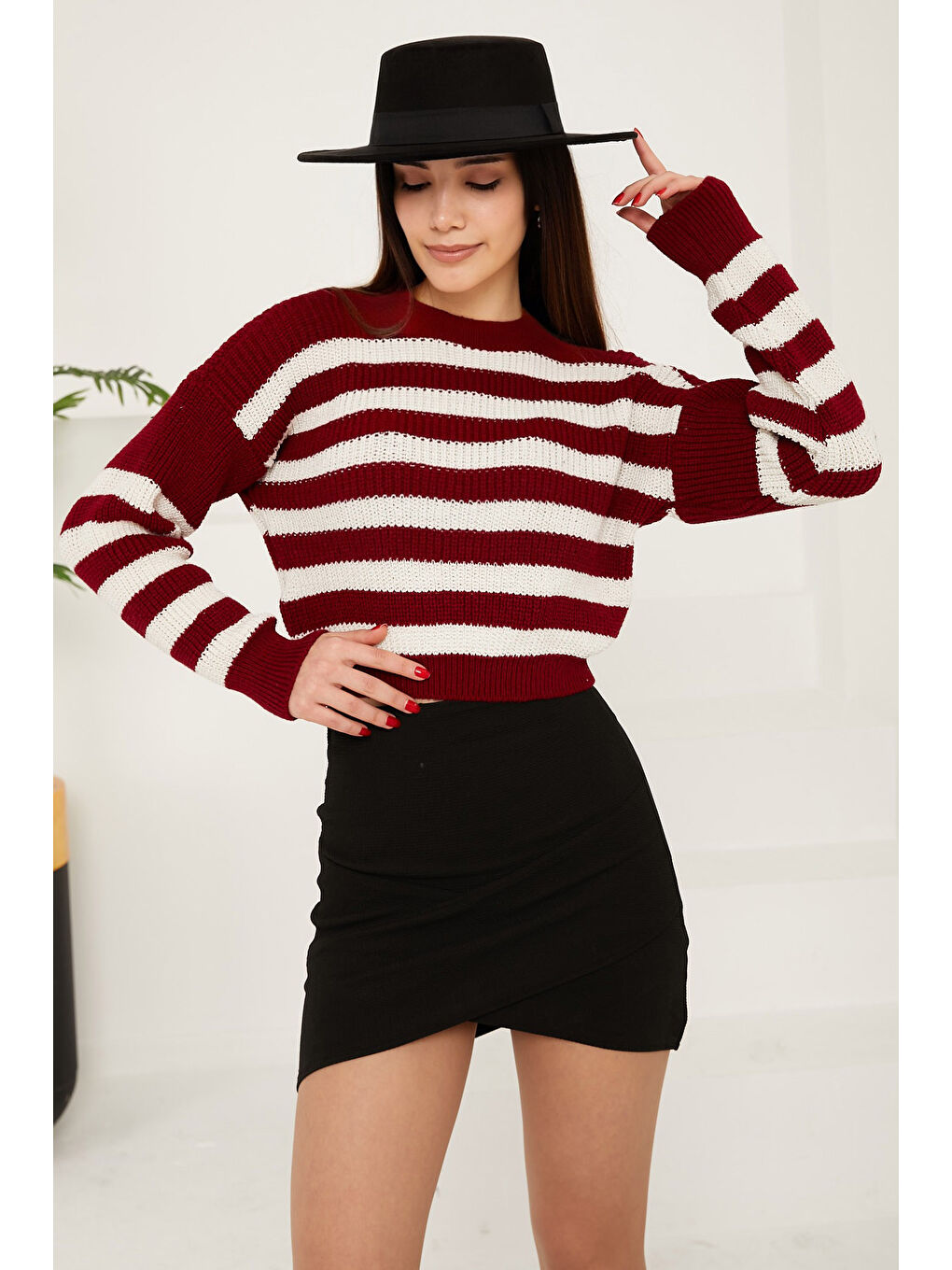Çizgili Triko Crop Bordo - 27649-2