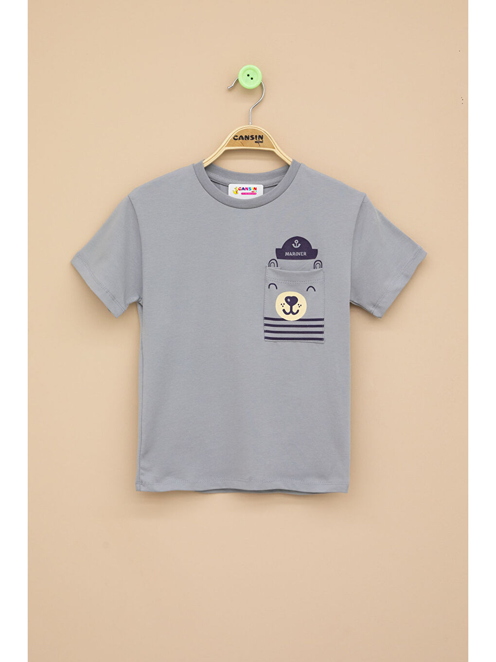Gri Füme Ayıcık Baskılı Cepli Erkek Bebek Tişört 20936