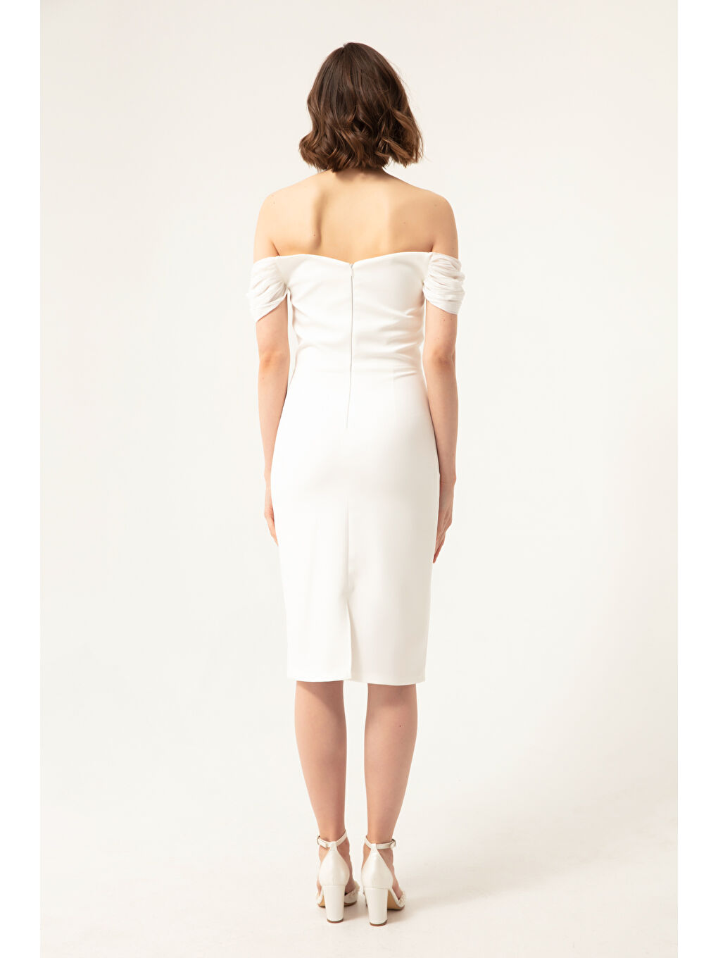 Kadın Beyaz Kayık Yaka İncili Midi Abiye-4