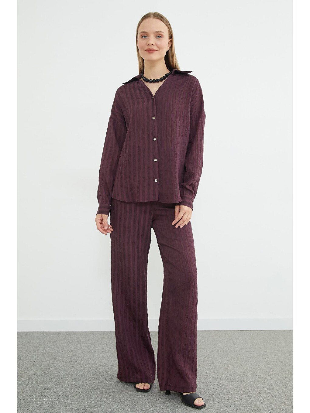Mürdüm Şeritli Arkası Uzun Oversize 2 Li Takım-1