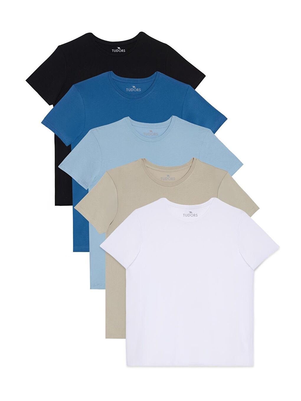 Unisex 5'Li Paket Siyah-Taş-Mavi-Açık Mavi-Beyaz Slim Fit Dar Kesim %100 Pamuk Bisiklet Yaka Tişört