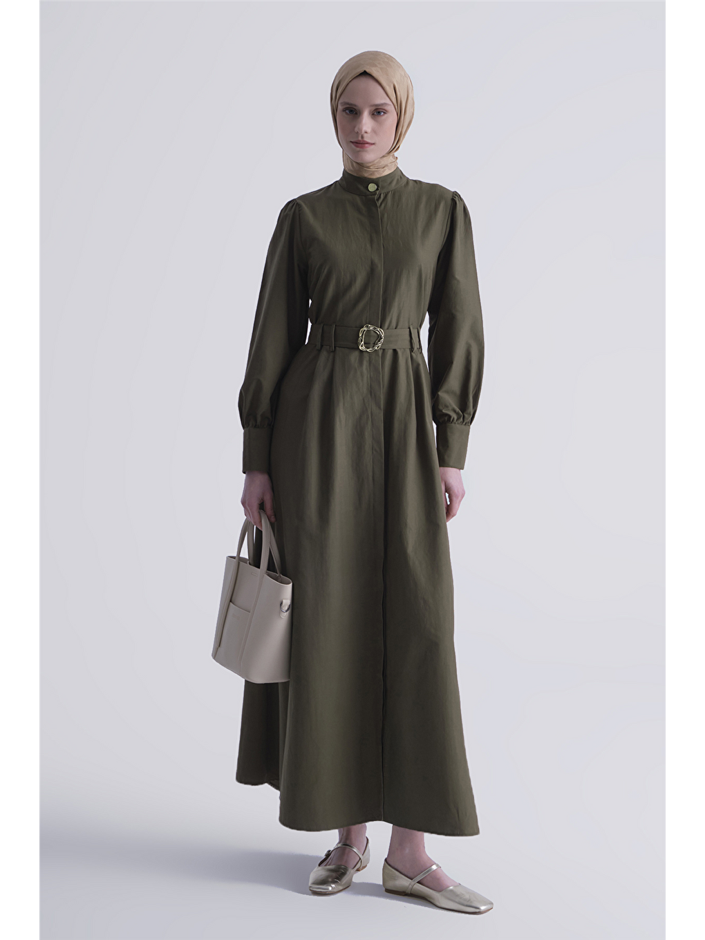 Gold Düğmeli Kemerli Poplin Elbise Haki