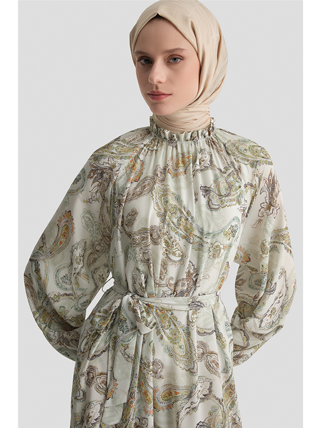 Şal Desenli Elbise Beyaz-9