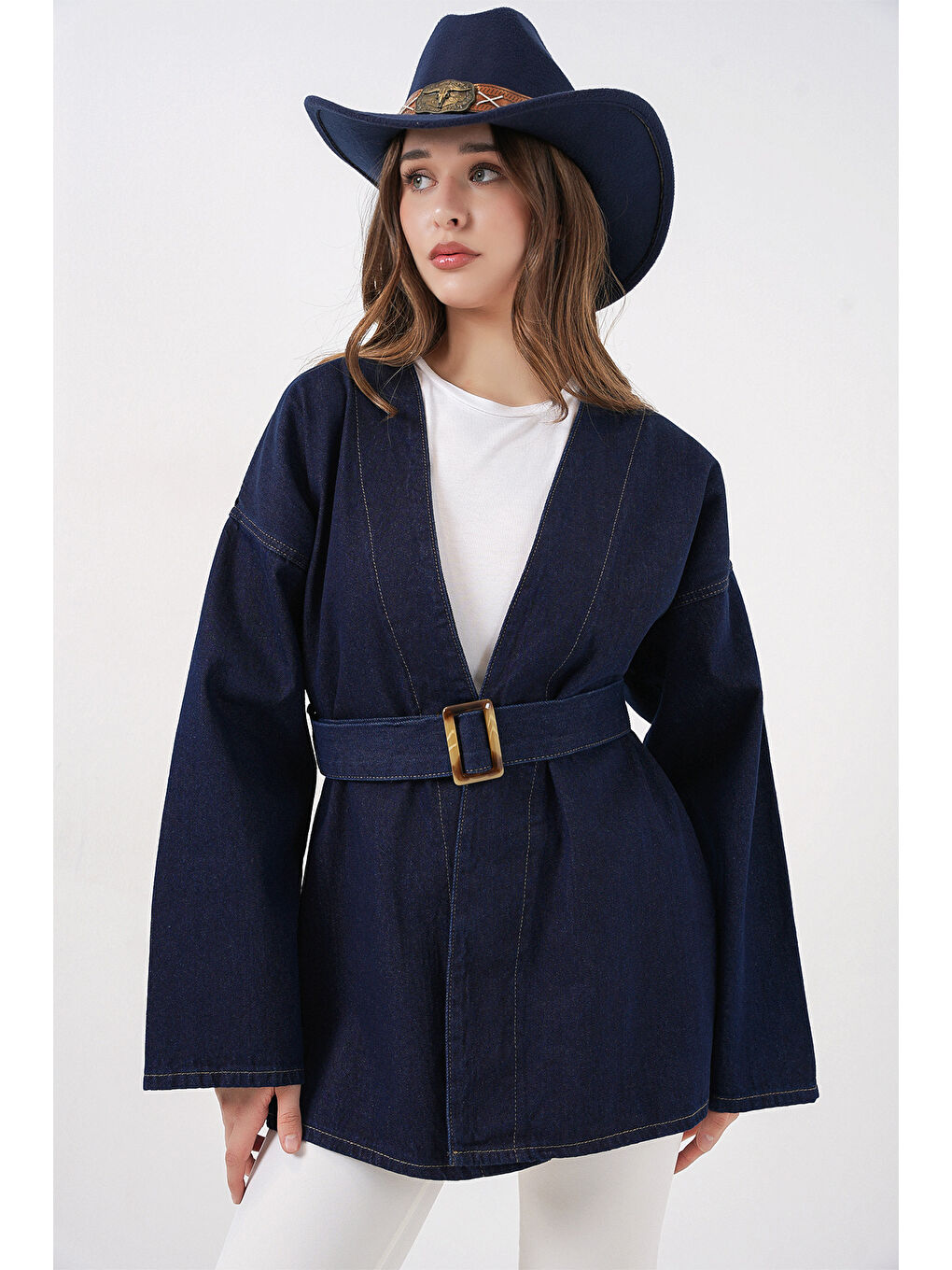 Kadın Kemerli Jean Ceket Tunik 5985 - Lacivert-3