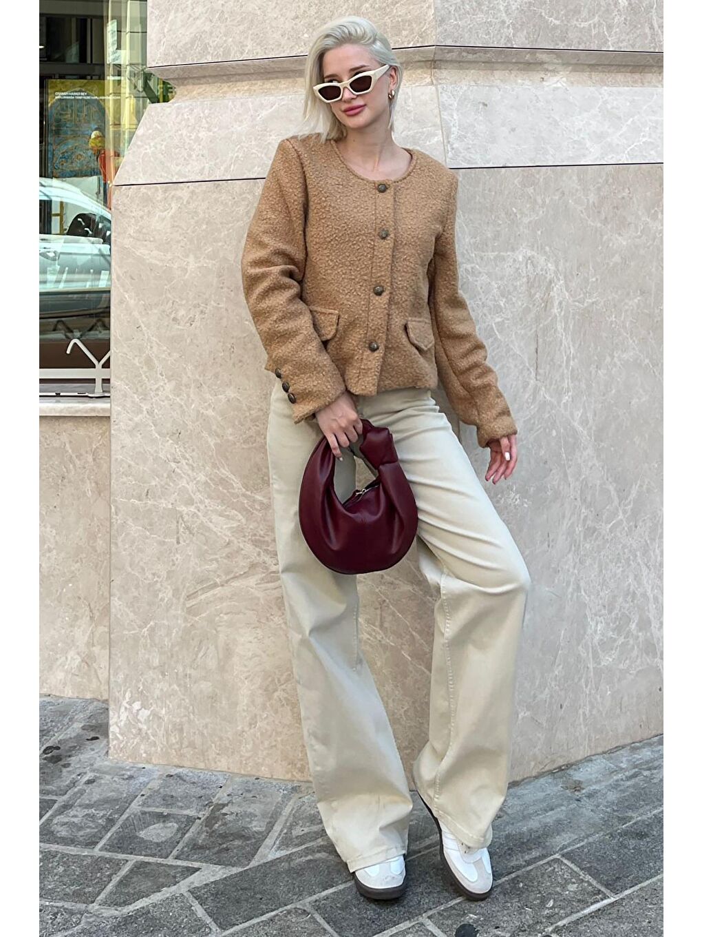 Bej Vizon Düğmeli Buklet Triko Cep Detaylı Ceket Mg2170-3