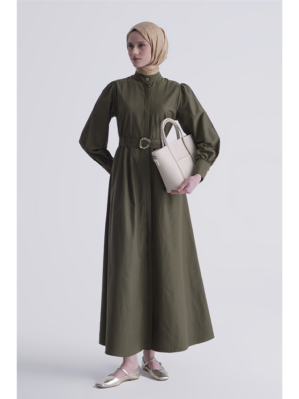 Gold Düğmeli Kemerli Poplin Elbise Haki-1