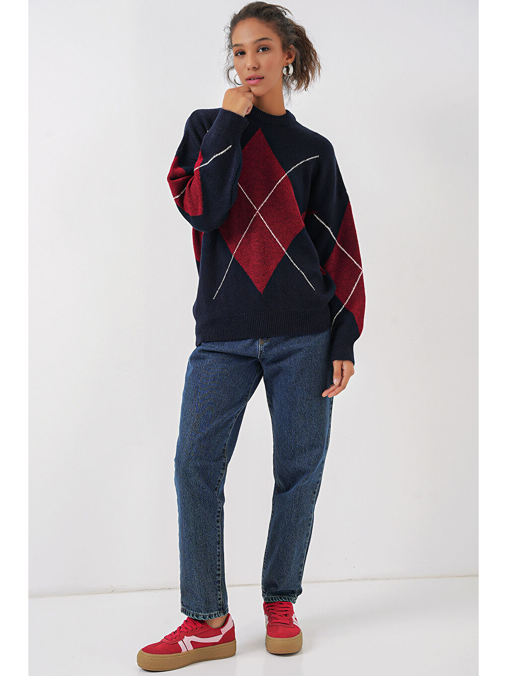 15895 Baklava Desenli Oversize Triko Kazak - B.Lacivert-1