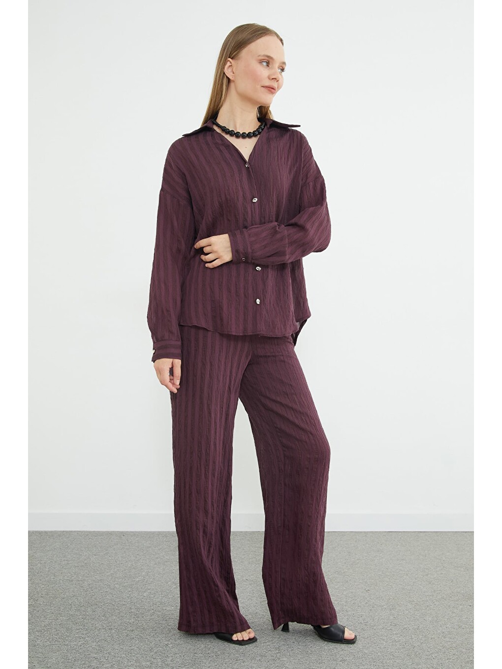 Mürdüm Şeritli Arkası Uzun Oversize 2 Li Takım-2